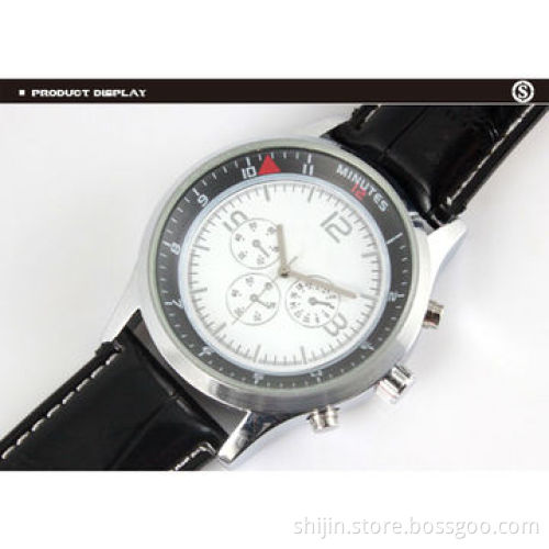 Three-eye stainless steel watch with genuine leather band for men, chronograph